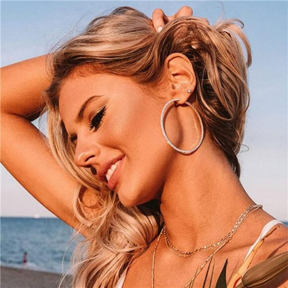 Sterling Silver Rhinestone Hoop Earrings Large Sparkly Cubic Zirconia Hoops Wome - Picture 3 of 7